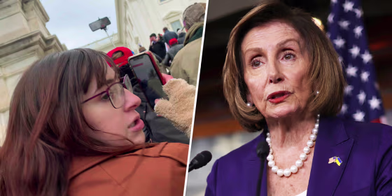Riley Williams at the Capitol on Jan. 6, 2021 and House Speaker Nancy Pelosi.