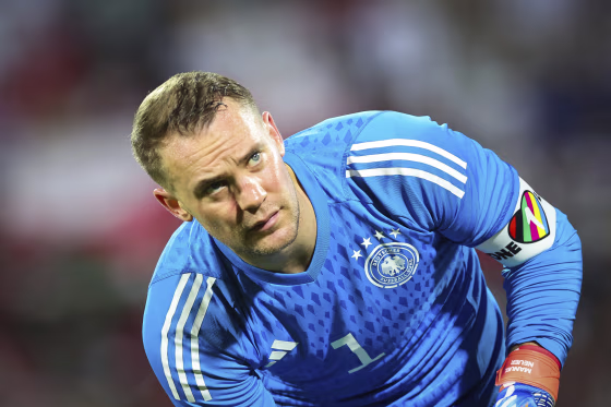 Germany's goalkeeper and captain Manuel Neuer wears the "One Love" armband in Muskat, Oman, on Nov. 16, 2022.