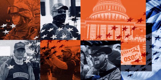 Photo illustration of five members of the Oath Keepers at the Capitol riot in 2021, and the Capitol in Washington.