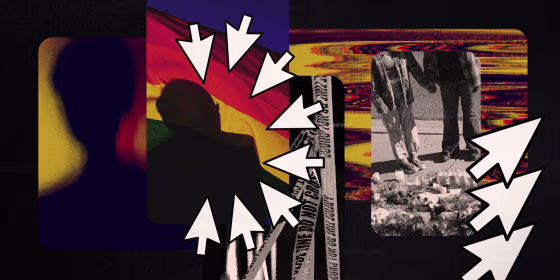 Photo illustration of people mourning at a memorial for the victims of the Club Q shooting, a silhouette behind a Pride rainbow flag, mouse cursors, computer glitches, and a distorted silhouette.