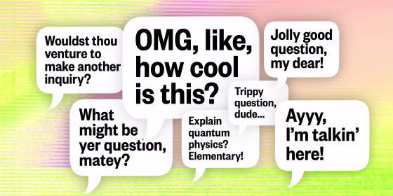 Photo Illustration: Chat boxes reflecting the different character voices an AI chat bot can generate, like a pirate and a valley girl