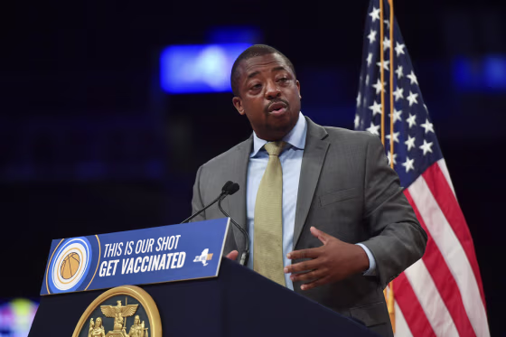 Brian Benjamin at a COVID briefing in Brooklyn, N.Y.
