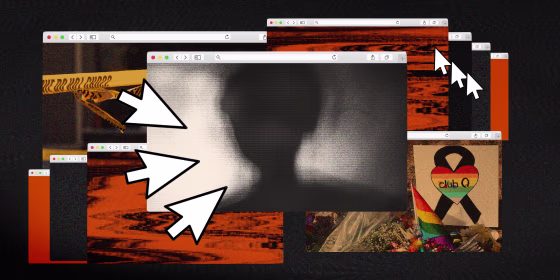 Illustration of web browser windows showing a silhouette, static, a memorial scene outside of Club Q, police tape, and browser cursors.