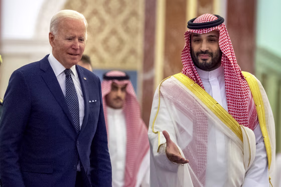 Saudi Crown Prince Mohammed bin Salman welcomes President Joe Biden to Al-Salam Palace in Jeddah, Saudi Arabia, on July 15, 2022.