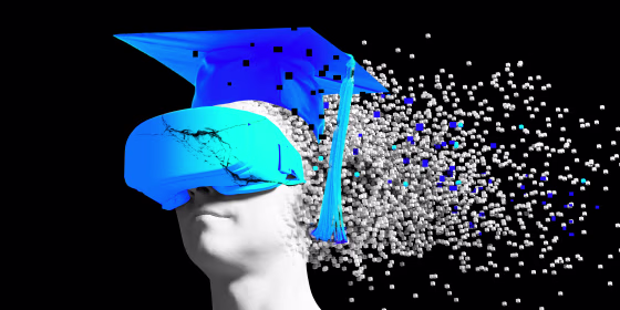 Photo illustration: Part of a marble figure wearing a broken blue VR headset and a blue graduation cap disintegrating into smaller cubes.