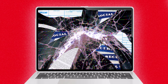 Photo Illustration: A laptop with a cracked screen. Some of the cracks reveal slivers of social security cards and other personal documents