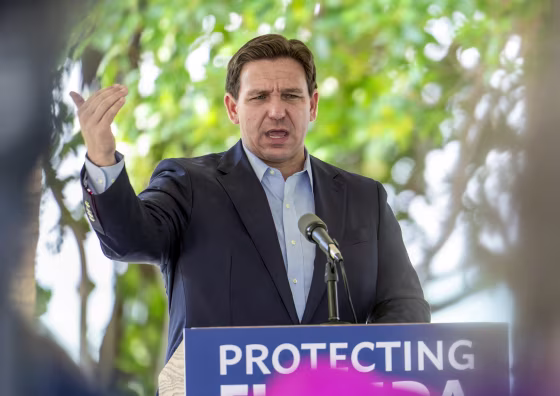 Ron DeSantis during a press conference in Miami.