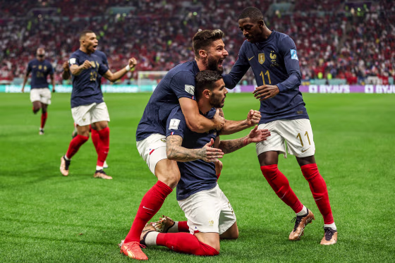 Image: France's defender #22 Theo Hernandez celebrates with teammates after scoring his team's first goal during the Qatar 2022 World Cup semi-final football match between France and Morocco at the Al-Bayt Stadium in Al Khor, north of Doha on Dec. 14, 2022.