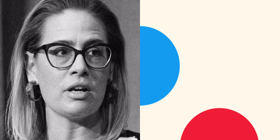 Photo illustration of Sen. Kyrsten Sinema, and half a blue circle and half a red circle.
