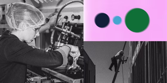 Photo illustration of a worker at a plant and a construction worker on a ladder.