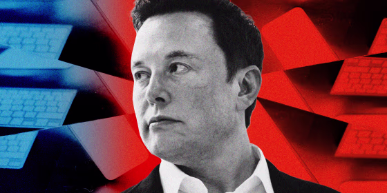 Photo illustration of a cracked screen showing keyboards and phone screens in blue and red, and Twitter CEO Elon Musk