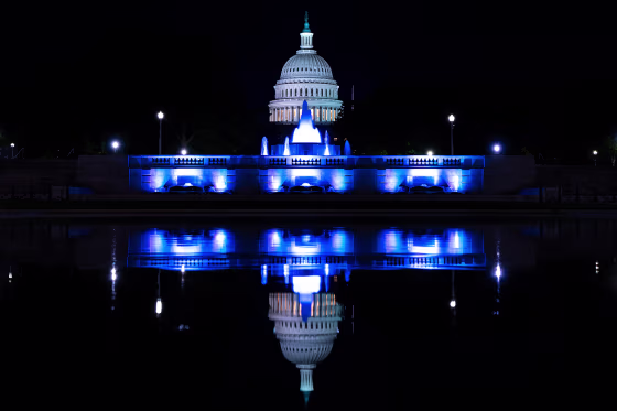 The U.S. Capitol dome reflects in the Lower Senate Park reflecting pool in Washington.