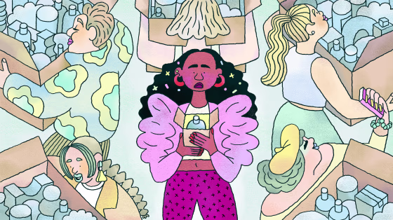 Illustration of an influencer holding a small box containing a beauty product, while other influencers hold large boxes filled with products.