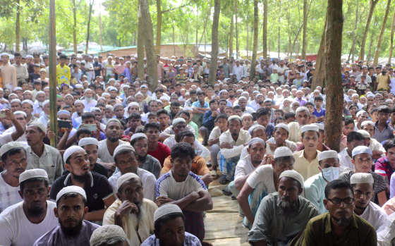 Rohingya refugees at a camp in Bangladesh gather in August to mark the fifth anniversary of their exodus from Myanmar.&nbsp;Those who leave Bangladesh in the hope of finding work elsewhere in Asia often end up drifting at sea.