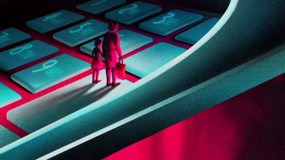 Illustration of parent holding grocery bag and child standing on a ATM pin pad, a sinister glowing light is show from below. 