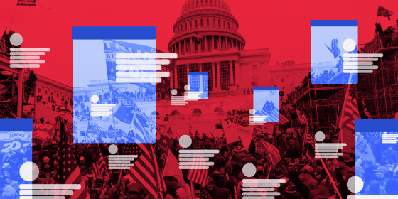 Photo illustration: Multiple blue windows over a red image of the January 6 insurrection at the U.S. Capitol. White blocks of thin rectangles and circles indicating online profiles float over them.