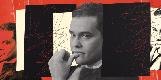 Photo illustration of Rep. George Santos, panels of paper, and hectic red scribbles