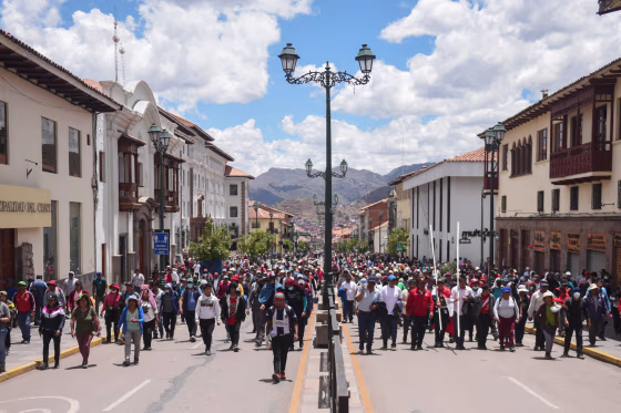 Demonstrators march in the center of Cusco, Peru
