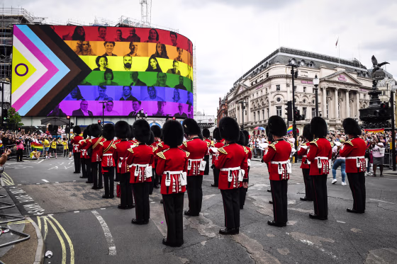 Members of the Queens Guard take part in the Pride in London 2022: The 50th Anniversary - Parade on July 2, 2022 in London.