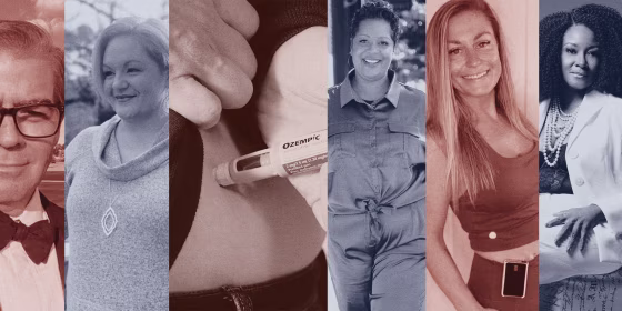 Photo collage: Image of Eric Joiner Jr., Stacey Bollinger, close up of an Ozempic injection, C. Nicole Swiner, Megan Cornelius and Dr. Carey Yazeed.