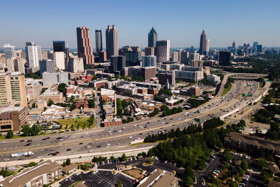 Vehicles travel along a highway in Atlanta