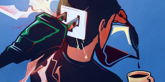 Illustration of a person pouring a cup of coffee as a sparking plug plugs into the back of their head.