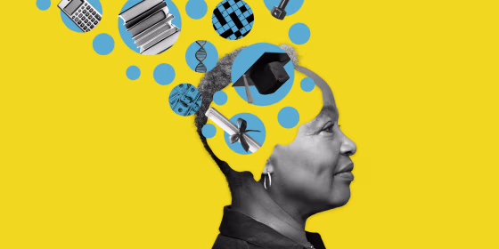 Photo illustration: Cutout of a woman's head with circles depicting factors related to variation in cognitive decline.