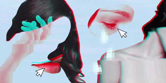 Photo Illustration: A collage of a woman's hair, hand, lips, eyes, with glitching technology effects and cursors