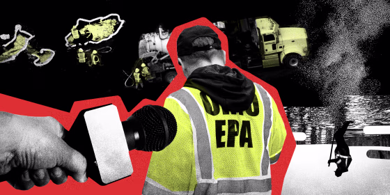 Photo collage of the cleanup of the derailment, smoke, a man with a yellow vest that says "OHIO EPA," and a press microphone.