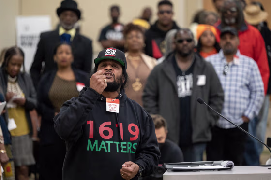 Reggie Roman gives public testimony during a Reparations Task Force meeting in Sacramento, Calif. on March 3, 2023.