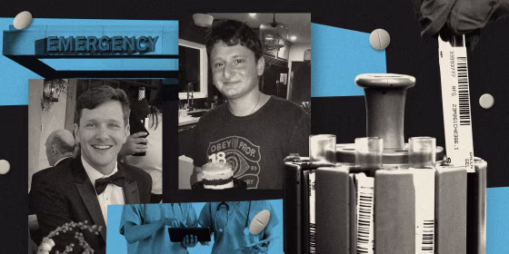Photo illustration: Collage with photos of test vials, pills, Josh Siems and Tyler Shamash.