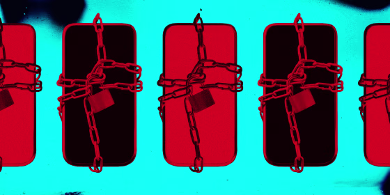 Photo illustration of phones with chains and locks around them, cast in red.