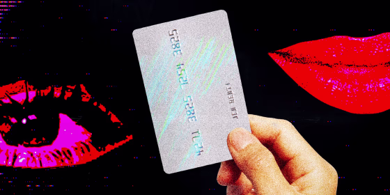 Photo Illustration: A hand holds up a credit card; glitchy eyes and lips are on either side