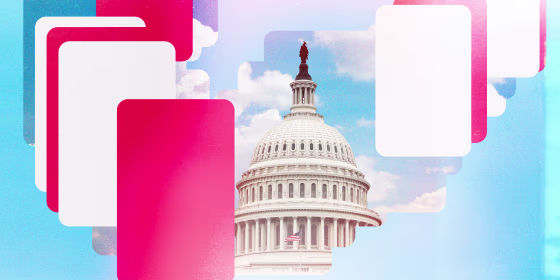 Photo illustration of phone screen shapes overlapping with a photo of the Capitol in Washington with blue sky and clouds.