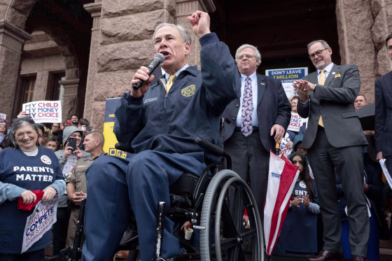 Republican Texas Gov. Greg Abbott speaks at aa rally for ''school choice'' on the north steps of the Texas Capitol, on March 21, 2023.