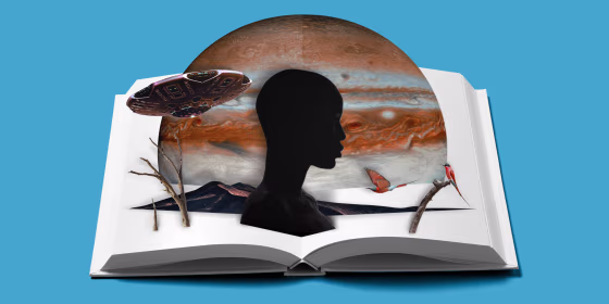 Photo illustration: A pop-up book opens with the silhouette of a Black woman and sci-fi elements coming out of it.