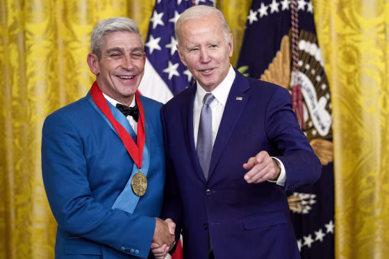 President Joe Biden presents the National Humanities Medal to Richard Blanco at the White House on March 21, 2023.