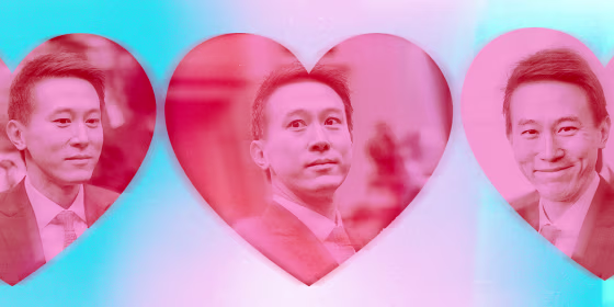 Photo illustration of TikTok CEO Shou Zi Chew in pink hearts.