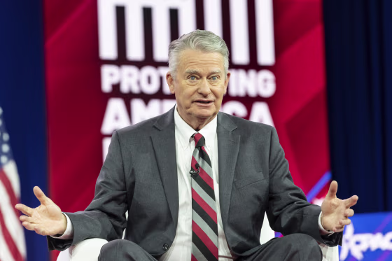 Gov. Brad Little speaks at CPAC in National Harbor, Md.