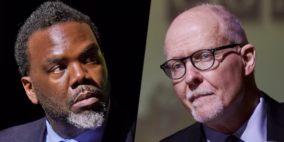 Brandon Johnson and Paul Vallas at a mayoral debate in Chicago on March 18, 2023. 