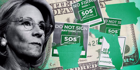 Photo Illustration: Betsey DeVos, alongside images of signs protesting her organization, and the outlines of Arkansas, Florida and Iowa