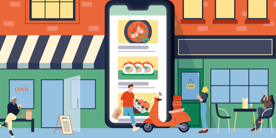 Illustration: A phone screen showing a food delivery app in the middle of a busy block of restaurants.