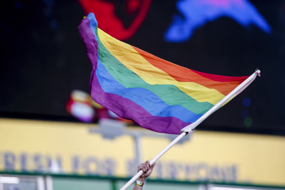 A pride flag at a soccer match in Nashville, Tenn., on June 26, 2021.