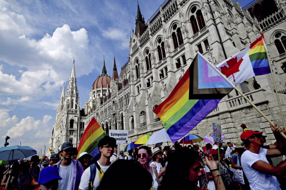 Members and supporters of Hungary's LGBTQ community march through Budapest on July 23, 2022.