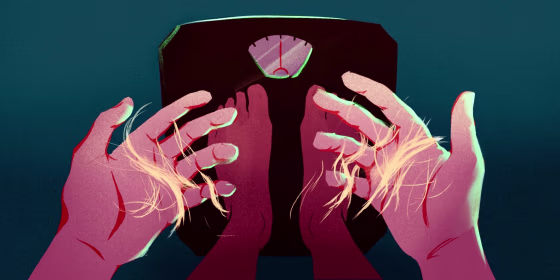 Drawn illustration of a POV of someone standing on a scale and looking down at their hands holding clumps of hair.