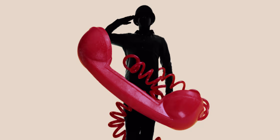 Photo illustration of a silhouette making a military salute, wrapped in a phone cord connected to a large red phone.