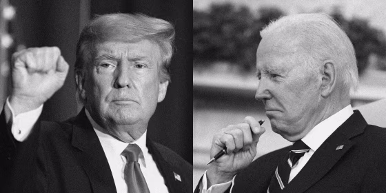 Former President Donald Trump raises his fist; President Joe Biden in the Oval Office.