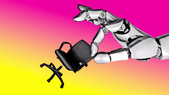 Photo illustration of a robotic hand grabbing an office chair.