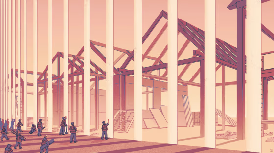Drawn illustration of construction workers being blocked by a border wall while trying to work on frames of houses on the other side.