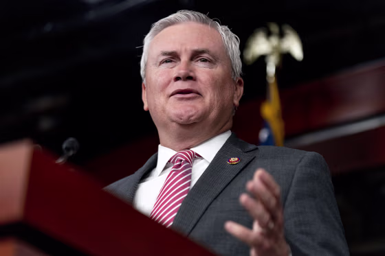 House Committee on Oversight and Accountability Chairman Rep. James Comer Jr., R-Ky., accompanied by House Republicans, speaks during a news conference on their investigation into the Biden Family on Capitol Hill in Washington, Wednesday, May 10, 2023.